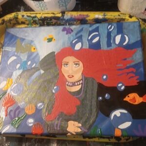 Colorful Underwater Painting with Mermaid/ Siren With Red Hair.